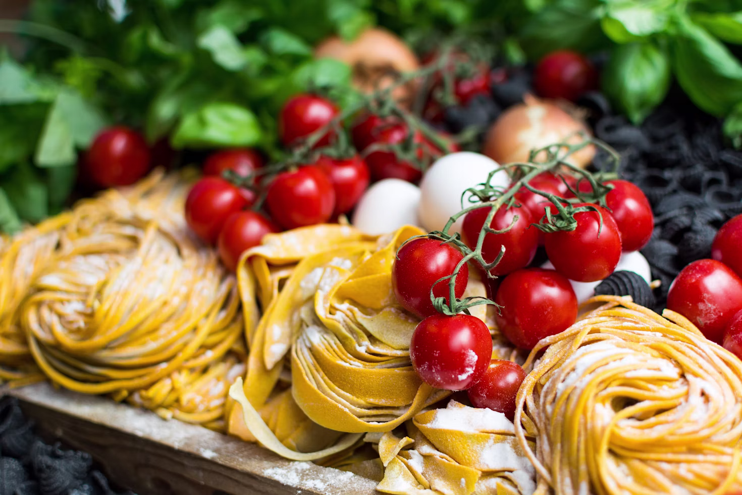 Bundles of fresh pasta drying