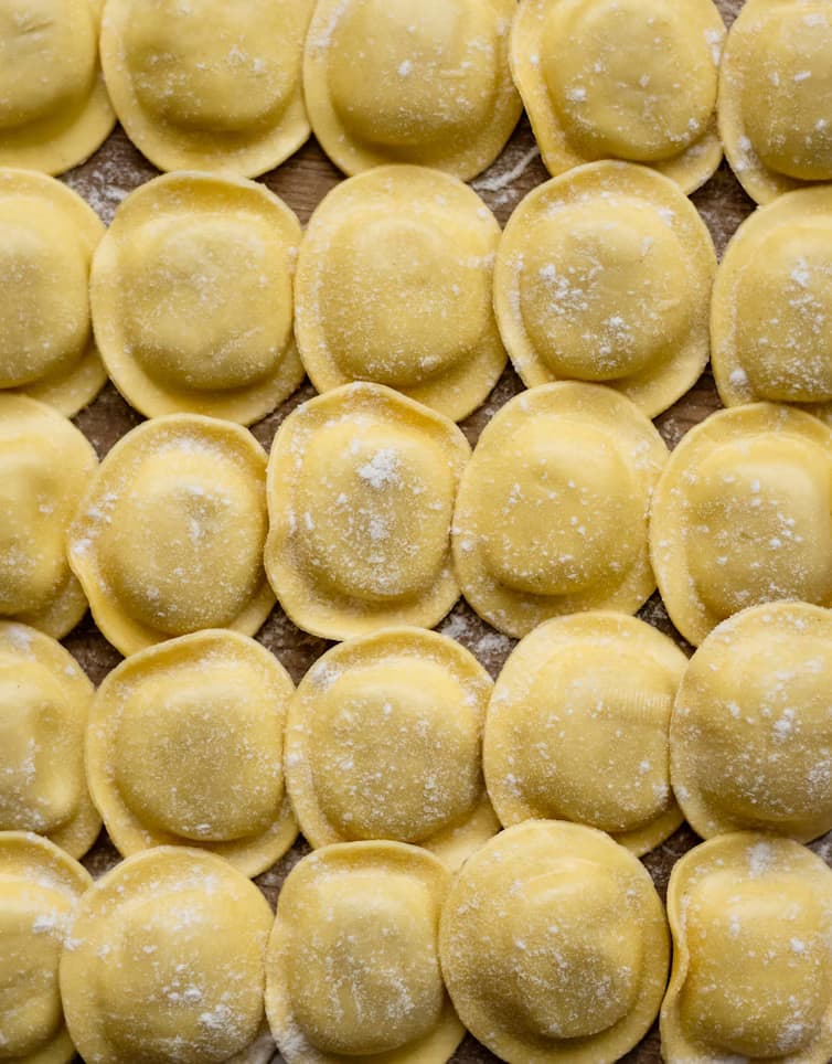 Rows of fresh ravioli